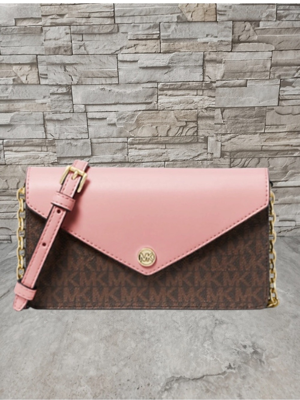 Michael Kors Small Envelope Crossbody Pink & Brown MK Signature Logo Primrose